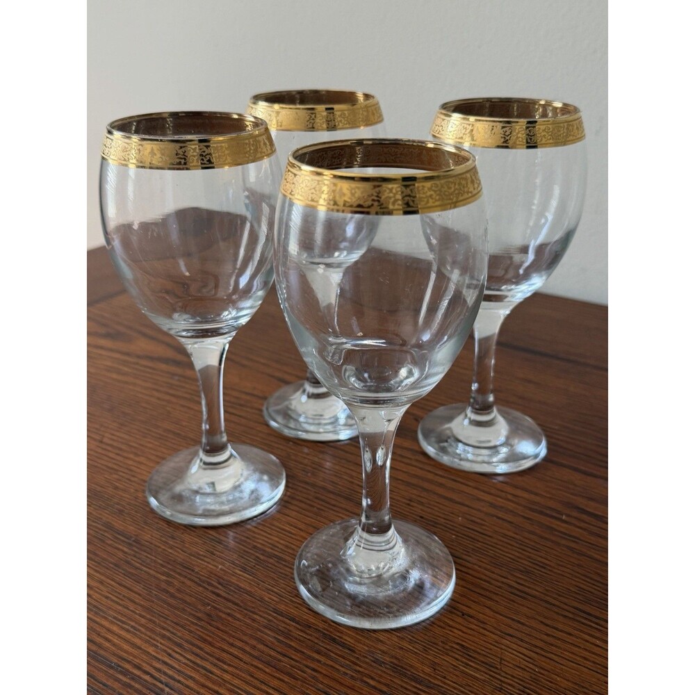 4 Vintage 1950s Circleware Crystal Classique Gold Rimmed Wine Goblets - W1086